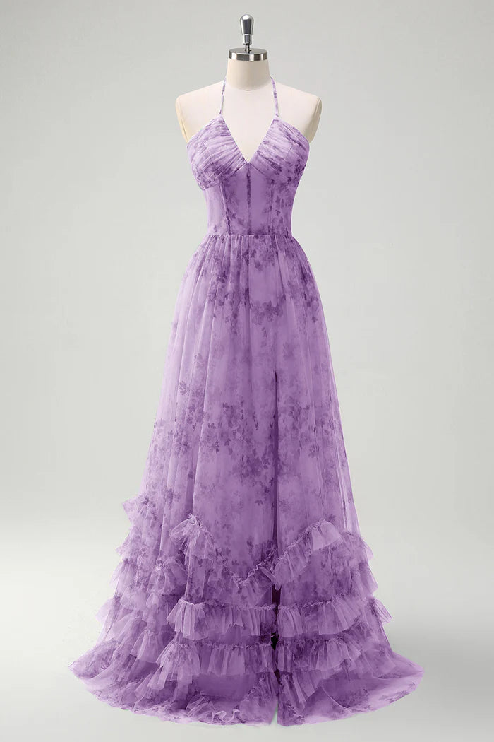 Robe longue verte Weitese, coupe trapèze, col en V, motif floral, corset, volants, avec fente, robe de bal